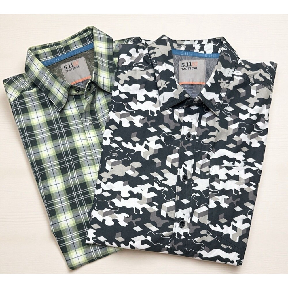 PAIR OF 5.11 TACTICAL SHORT SLEEVE SNAP BUTTON DOWN SHIRT MENS SIZE M CAMO/PLAID
